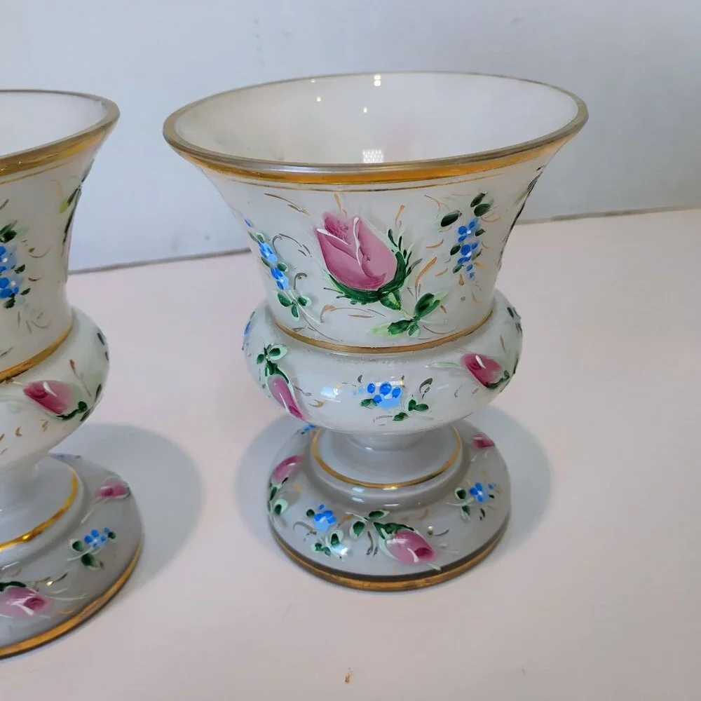 Bohemian Czech Cased Glass Vases Pair White Painted Pink Roses -CHIP READ